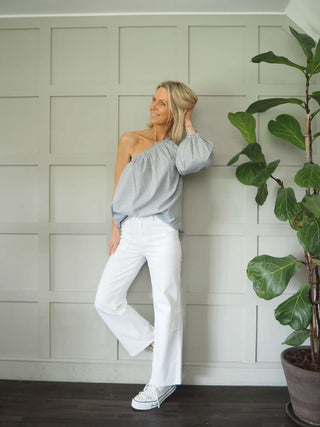 Elvie Striped One Shoulder Top - Blue, Charcoal Grey, Pink