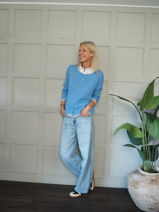 Bude Cardigan with Contrast Trim - Khaki, Navy Blue, Pink, Sky Blue, Yellow