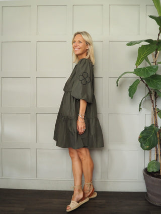 Embo Round Neck, Tiered Dress with Balloon, Elbow Length Sleeves by Costa &amp; Mani - Khaki