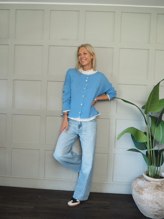 Bude Cardigan with Contrast Trim - Khaki, Navy Blue, Pink, Sky Blue, Yellow