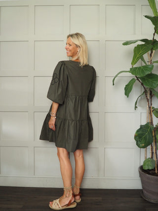 Embo Round Neck, Tiered Dress with Balloon, Elbow Length Sleeves by Costa &amp; Mani - Khaki