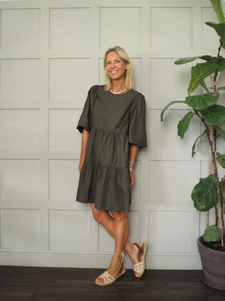 Embo Round Neck, Tiered Dress with Balloon, Elbow Length Sleeves by Costa &amp; Mani - Khaki