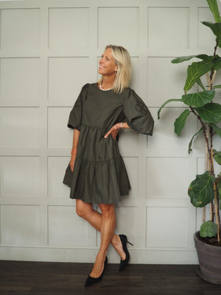Embo Round Neck, Tiered Dress with Balloon, Elbow Length Sleeves by Costa &amp; Mani - Khaki