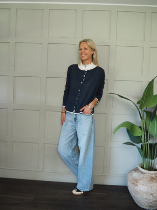 Bude Cardigan with Contrast Trim - Khaki, Navy Blue, Pink, Sky Blue, Yellow