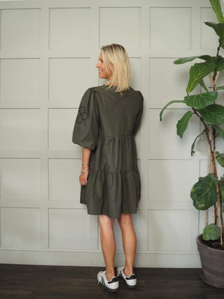 Embo Round Neck, Tiered Dress with Balloon, Elbow Length Sleeves by Costa &amp; Mani - Khaki