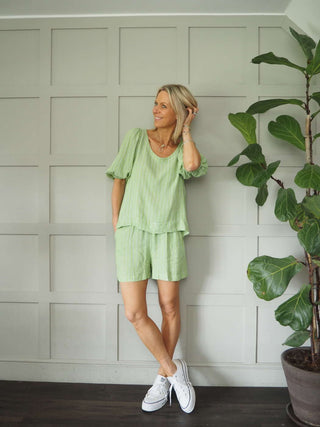 Leonard Linen Mix Top and Shorts Set - Green, Pink, Sky Blue and Stone