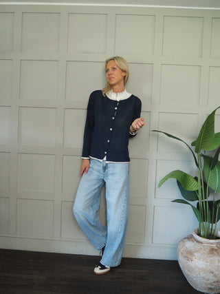 Bude Cardigan with Contrast Trim - Khaki, Navy Blue, Pink, Sky Blue, Yellow