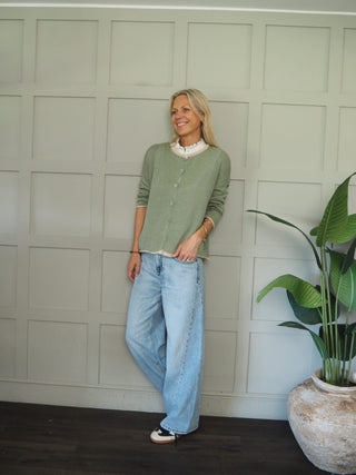 Bude Cardigan with Contrast Trim - Khaki, Navy Blue, Pink, Sky Blue, Yellow