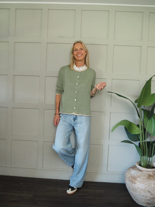 Bude Cardigan with Contrast Trim - Khaki, Navy Blue, Pink, Sky Blue, Yellow