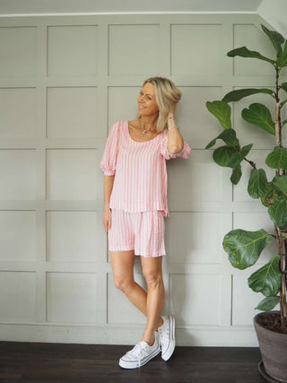 Leonard Linen Mix Top and Shorts Set - Green, Pink, Sky Blue and Stone