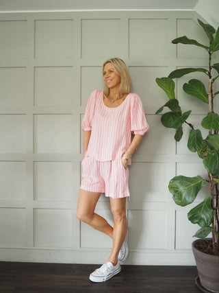 Leonard Linen Mix Top and Shorts Set - Green, Pink, Sky Blue and Stone