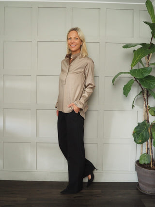 Ricki Round, High Neckline, Long Sleeve Blouse by Costa and Mani - Mushroom, Off White