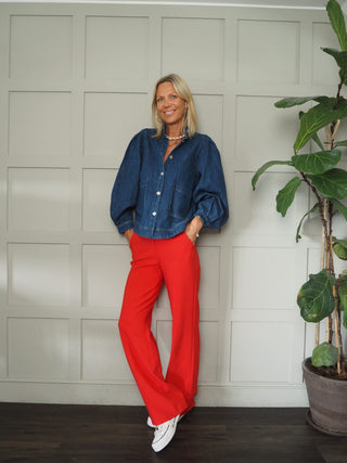 Straya Straight Leg Tailored Trousers with Side Pockets - Black, Red