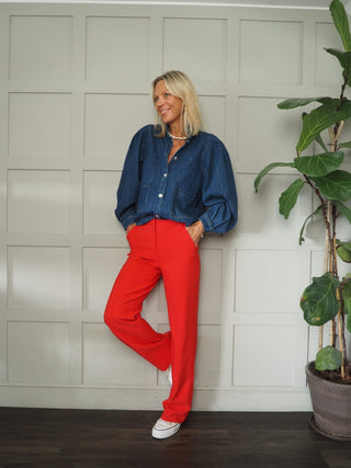 Straya Straight Leg Tailored Trousers with Side Pockets - Black, Red