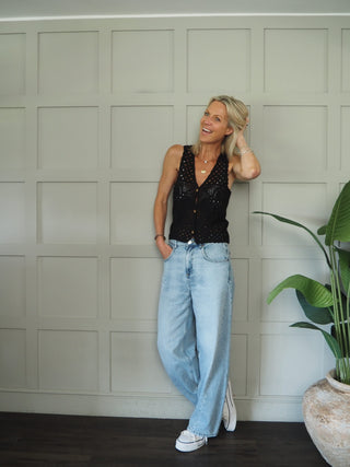 Pennard Crochet Waistcoat with Wooden Buttons - Black, Off White