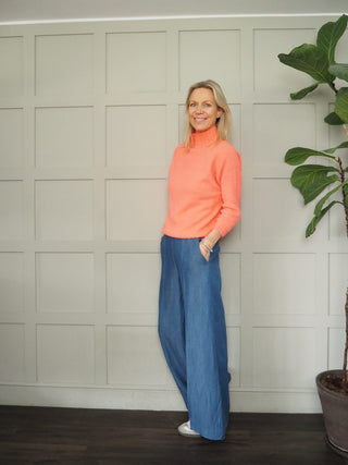 Zixuan Wide Leg Chambray Style Trousers with Elasticated Waist - Denim Blue