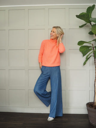 Zixuan Wide Leg Chambray Style Trousers with Elasticated Waist - Denim Blue