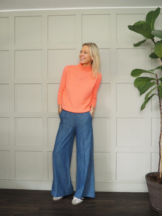 Zixuan Wide Leg Chambray Style Trousers with Elasticated Waist - Denim Blue