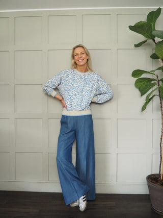 Zixuan Wide Leg Chambray Style Trousers with Elasticated Waist - Denim Blue