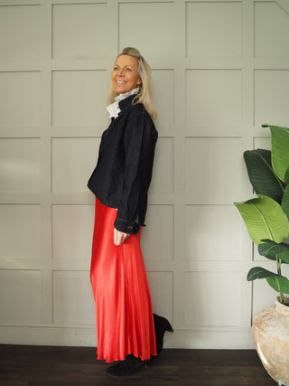 Piper Denim Shirt Shacket with Pleated Collar - Dark Denim Blue