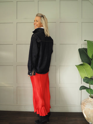 Piper Denim Shirt Shacket with Pleated Collar - Dark Denim Blue