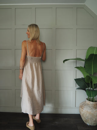 Lauren Linen Dress with Shoestring Straps - Cornflower Blue, Navy Blue, Red, Stone, White