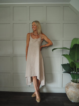 Lauren Linen Dress with Shoestring Straps - Cornflower Blue, Navy Blue, Red, Stone, White