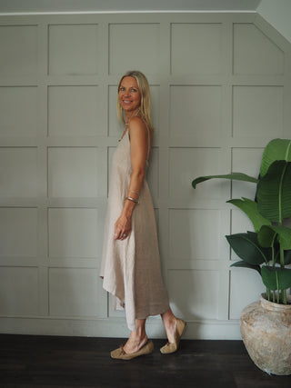 Lauren Linen Dress with Shoestring Straps - Cornflower Blue, Navy Blue, Red, Stone, White