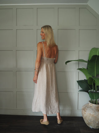 Lauren Linen Dress with Shoestring Straps - Cornflower Blue, Navy Blue, Red, Stone, White