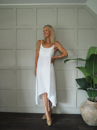 Lauren Linen Dress with Shoestring Straps - Cornflower Blue, Navy Blue, Red, Stone, White