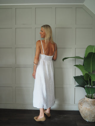 Lauren Linen Dress with Shoestring Straps - Cornflower Blue, Navy Blue, Red, Stone, White