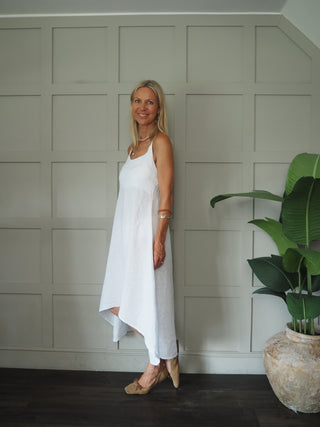 Lauren Linen Dress with Shoestring Straps - Cornflower Blue, Navy Blue, Red, Stone, White