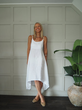 Lauren Linen Dress with Shoestring Straps - Cornflower Blue, Navy Blue, Red, Stone, White