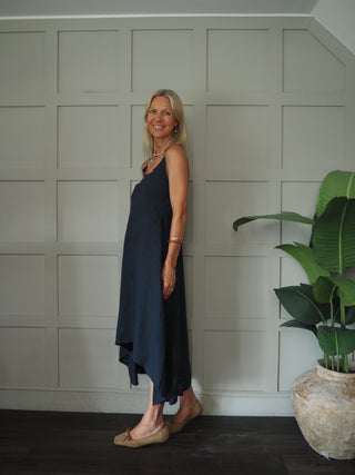 Lauren Linen Dress with Shoestring Straps - Cornflower Blue, Navy Blue, Red, Stone, White