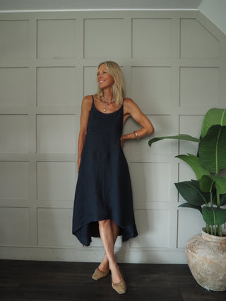 Lauren Linen Dress with Shoestring Straps - Cornflower Blue, Navy Blue, Red, Stone, White