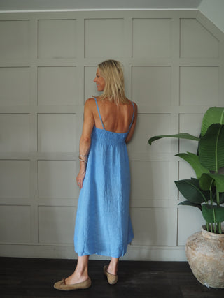 Lauren Linen Dress with Shoestring Straps - Cornflower Blue, Navy Blue, Red, Stone, White