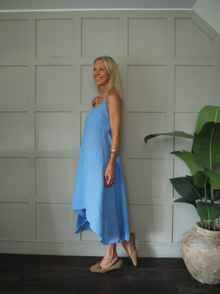 Lauren Linen Dress with Shoestring Straps - Cornflower Blue, Navy Blue, Red, Stone, White