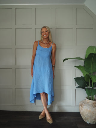 Lauren Linen Dress with Shoestring Straps - Cornflower Blue, Navy Blue, Red, Stone, White