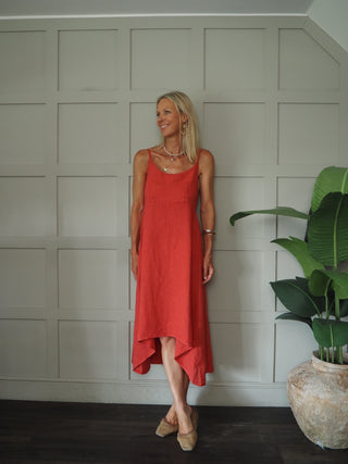 Lauren Linen Dress with Shoestring Straps - Cornflower Blue, Navy Blue, Red, Stone, White