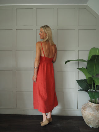 Lauren Linen Dress with Shoestring Straps - Cornflower Blue, Navy Blue, Red, Stone, White