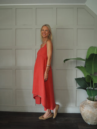Lauren Linen Dress with Shoestring Straps - Cornflower Blue, Navy Blue, Red, Stone, White