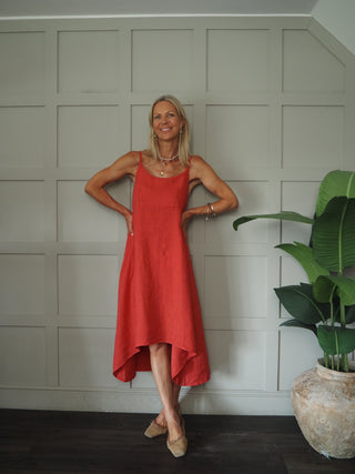 Lauren Linen Dress with Shoestring Straps - Cornflower Blue, Navy Blue, Red, Stone, White