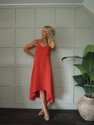 Lauren Linen Dress with Shoestring Straps - Cornflower Blue, Navy Blue, Red, Stone, White