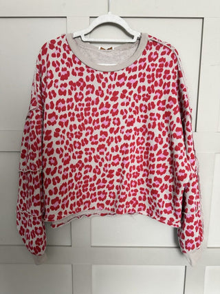 Kiki Scoop Neck Leopard Print Sweatshirt with Raw Hem - Coral, Pink and Stone