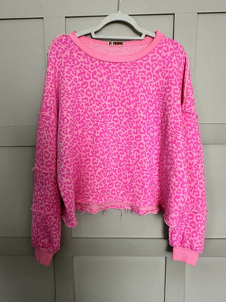 Kiki Scoop Neck Leopard Print Sweatshirt with Raw Hem - Coral, Pink and Stone
