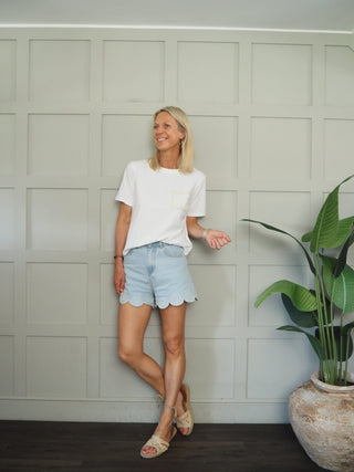 Indie T-Shirt with Crochet Pocket - Off White/Cream