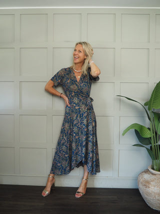 Francesca Wrap Dress - Petrol Blue, Pink