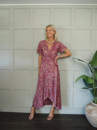 Francesca Wrap Dress - Petrol Blue, Pink