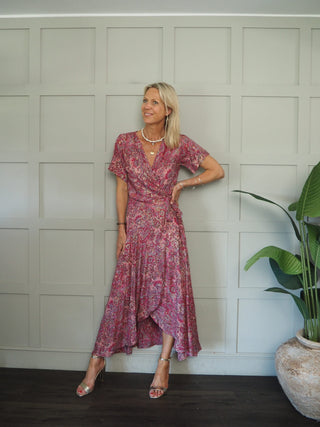 Francesca Wrap Dress - Petrol Blue, Pink