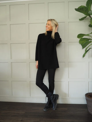 Aletta Long Line Polo Neck with Ribbing Detail - Black and Taupe